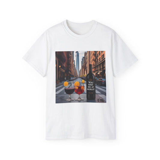 You Had Me at Merlot - Stylish Cityscape Tee with Cocktail Art - Perfect for Casual Outings, Summer Parties, Birthdays, or Unique Gifts, Art Lover's T-Shirt
