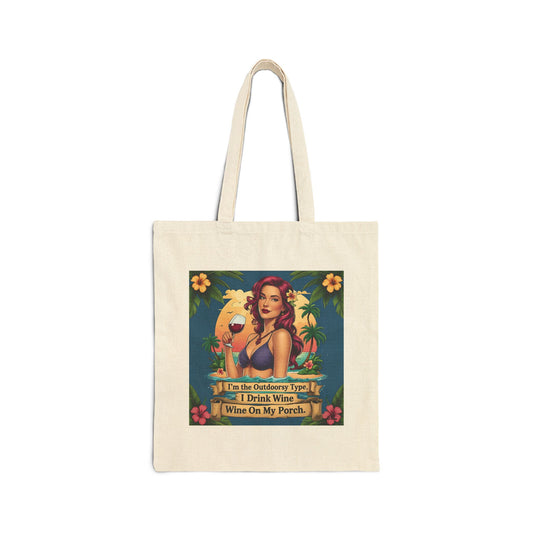 I Drink Wine on my Porch - Summer Vibe Cotton Canvas Tote Bag | Cute Beach Tote | Wine Lover Gift | Eco-Friendly Shopping Bag | Fun Vacation Accessory