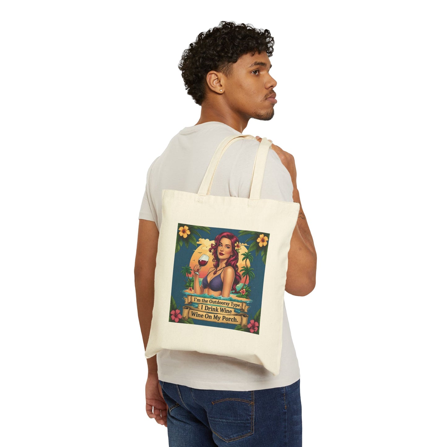 I Drink Wine on my Porch - Summer Vibe Cotton Canvas Tote Bag | Cute Beach Tote | Wine Lover Gift | Eco-Friendly Shopping Bag | Fun Vacation Accessory