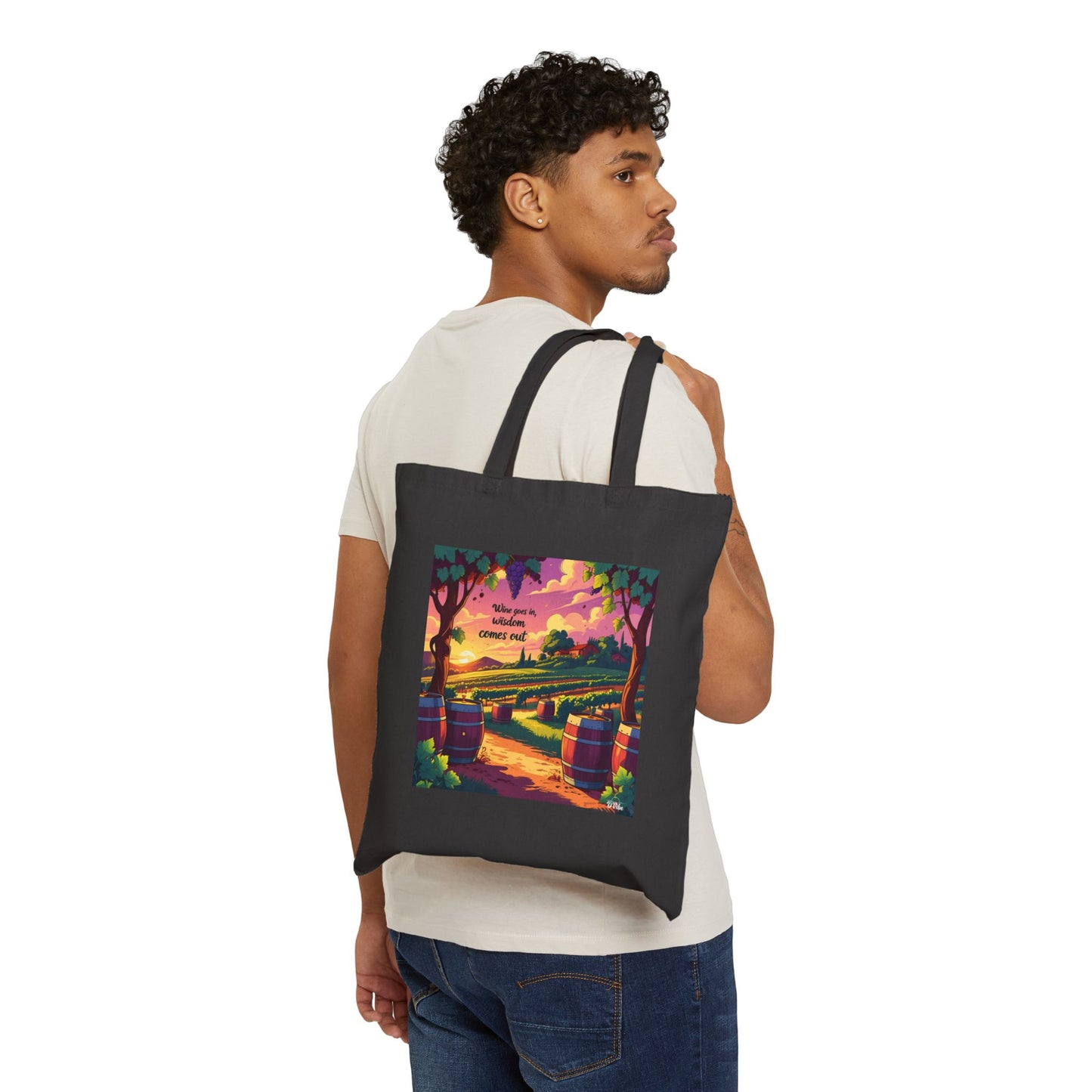 Wine Goes In Wisdom Comes Out - Vibrant Canvas Tote Bag with Whimsical Vineyard Design, Eco-Friendly Shopping Bag, Summer Outing Accessory, Gift for Wine Lovers